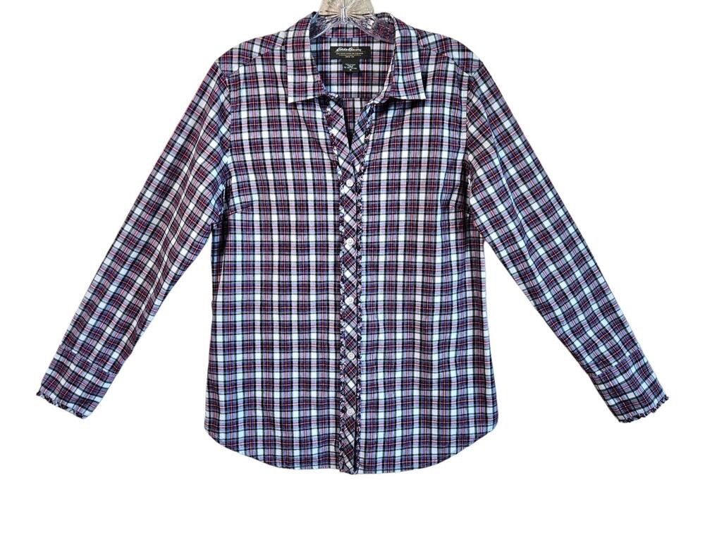EDDIE BAUER Women's M Blouse Button Up Plaid Fringe Ruffle Fitted Cotton 38"